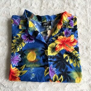Vintage Shannon Marie Hawaiian Shirt Womens 1XL Blue Sunset Palm Tree Floral Vtg